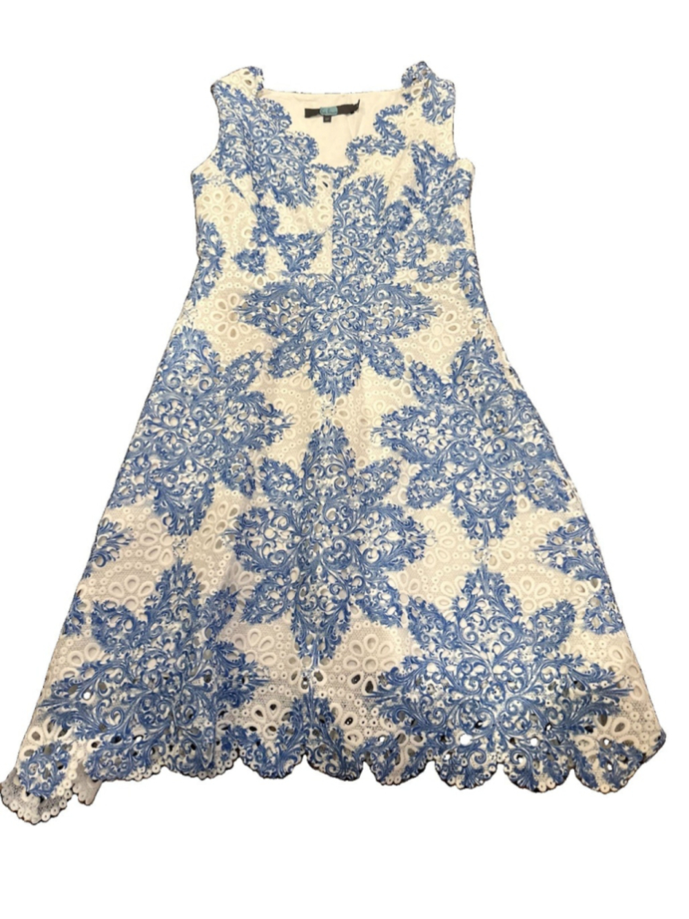 Eva Franco Womens Dress Size 6P Blue White Lace Cut Out Sleeveless Midi A-Line